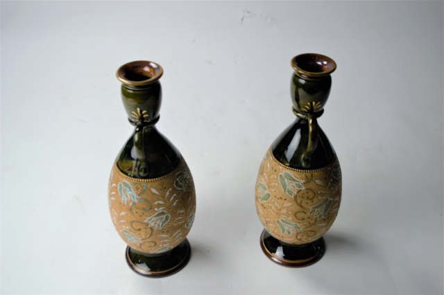 A pair of Royal Doulton Lambeth. Signed - RB [Rosina Brown] 1875-1905.