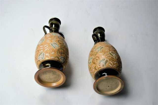 A pair of Royal Doulton Lambeth. Signed - RB [Rosina Brown] 1875-1905.