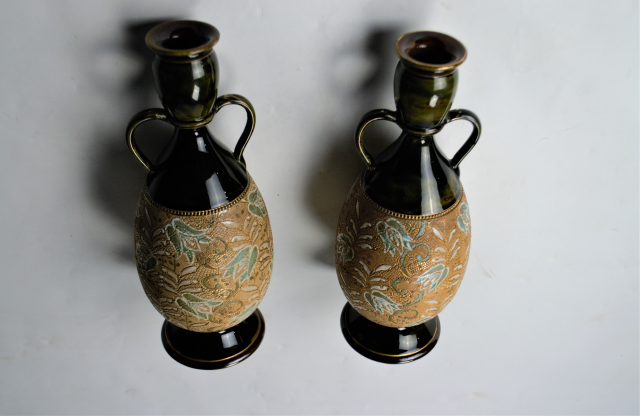 A pair of Royal Doulton Lambeth. Signed - RB [Rosina Brown] 1875-1905.