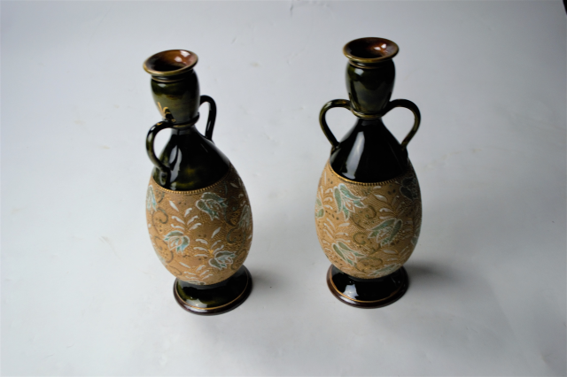 A pair of Royal Doulton Lambeth. Signed - RB [Rosina Brown] 1875-1905.