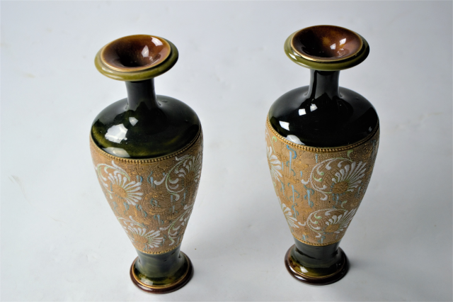 A pair of Royal Doulton Lambeth. Signed R B [Rosina Brown 1874-1903]