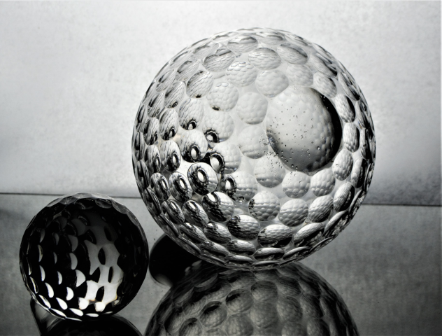 20th century golf ball decanter with silver neck [by Bishton Ltd, Birmingham 1995]