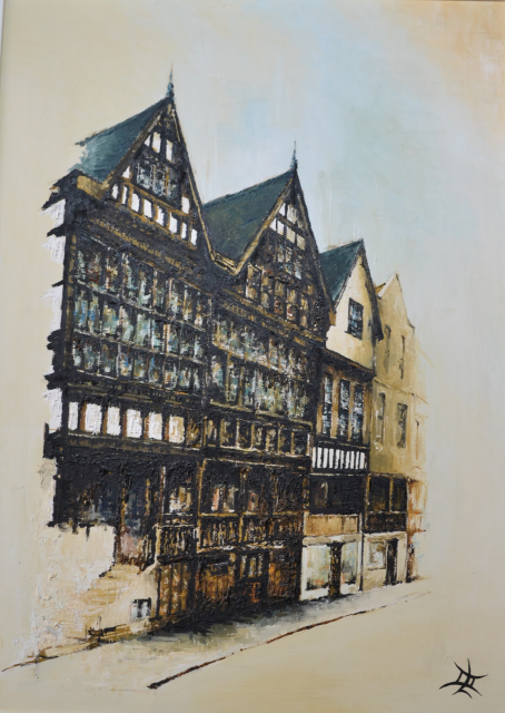 'The Bridge', Chester. Signed by David Cartwright [1944 -] Oil on Canvas.