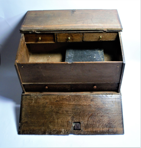 18th Century Oak Table Top Bible Box Bureau with Bible.