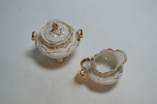 White and Gilt Lidded Sugar Bowl and Milk Jug.