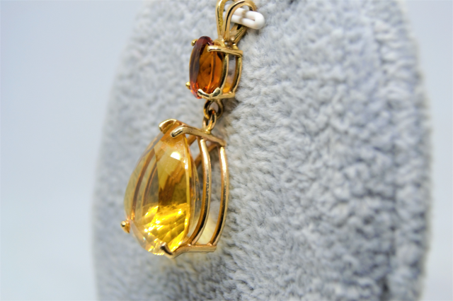 14k Yellow Gold Pendant with Oval Shape Citrine Suspending Pearl Shape Citrine Drop.