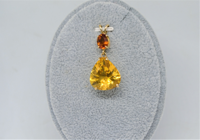 14k Yellow Gold Pendant with Oval Shape Citrine Suspending Pearl Shape Citrine Drop.