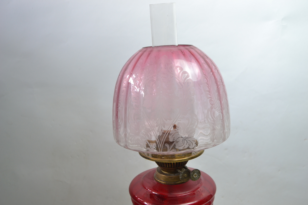 Antiques Victorian Cranberry Glass Oil Lamp With Glass Reservoir, Etched Shade And Chimney
