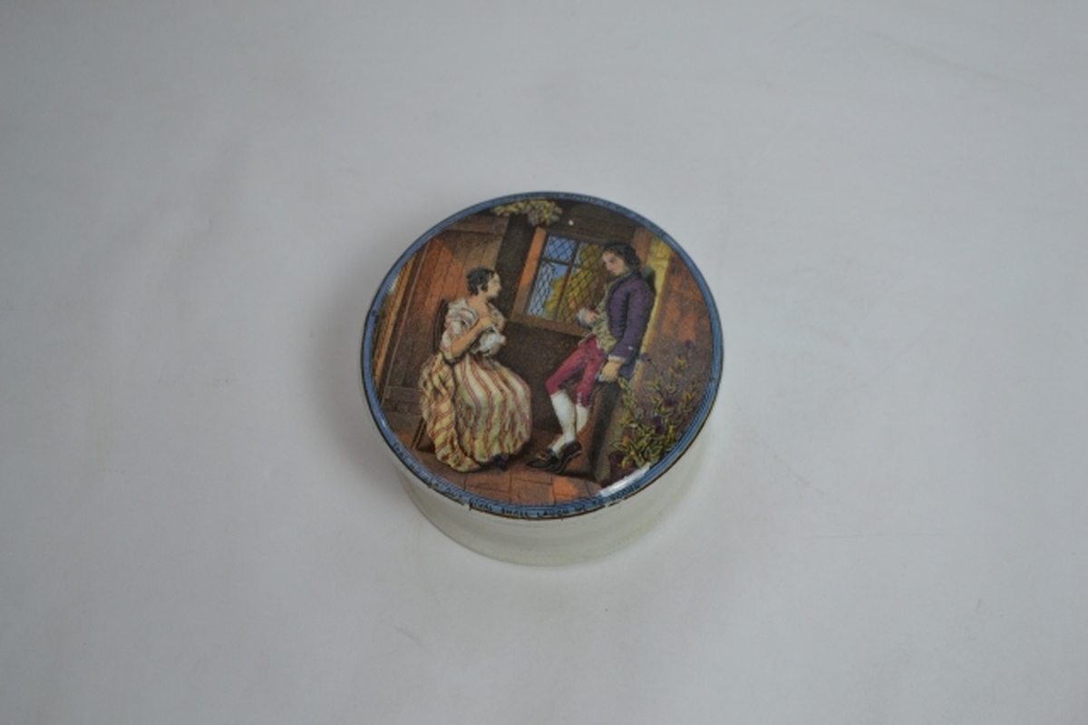 Prattware pot with lid 'that no jealous rival will laugh me to scorn'.