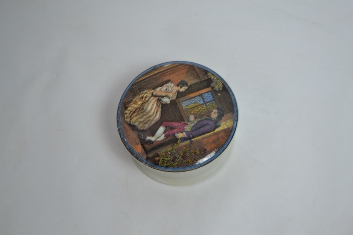 Prattware pot with lid 'that no jealous rival will laugh me to scorn'.