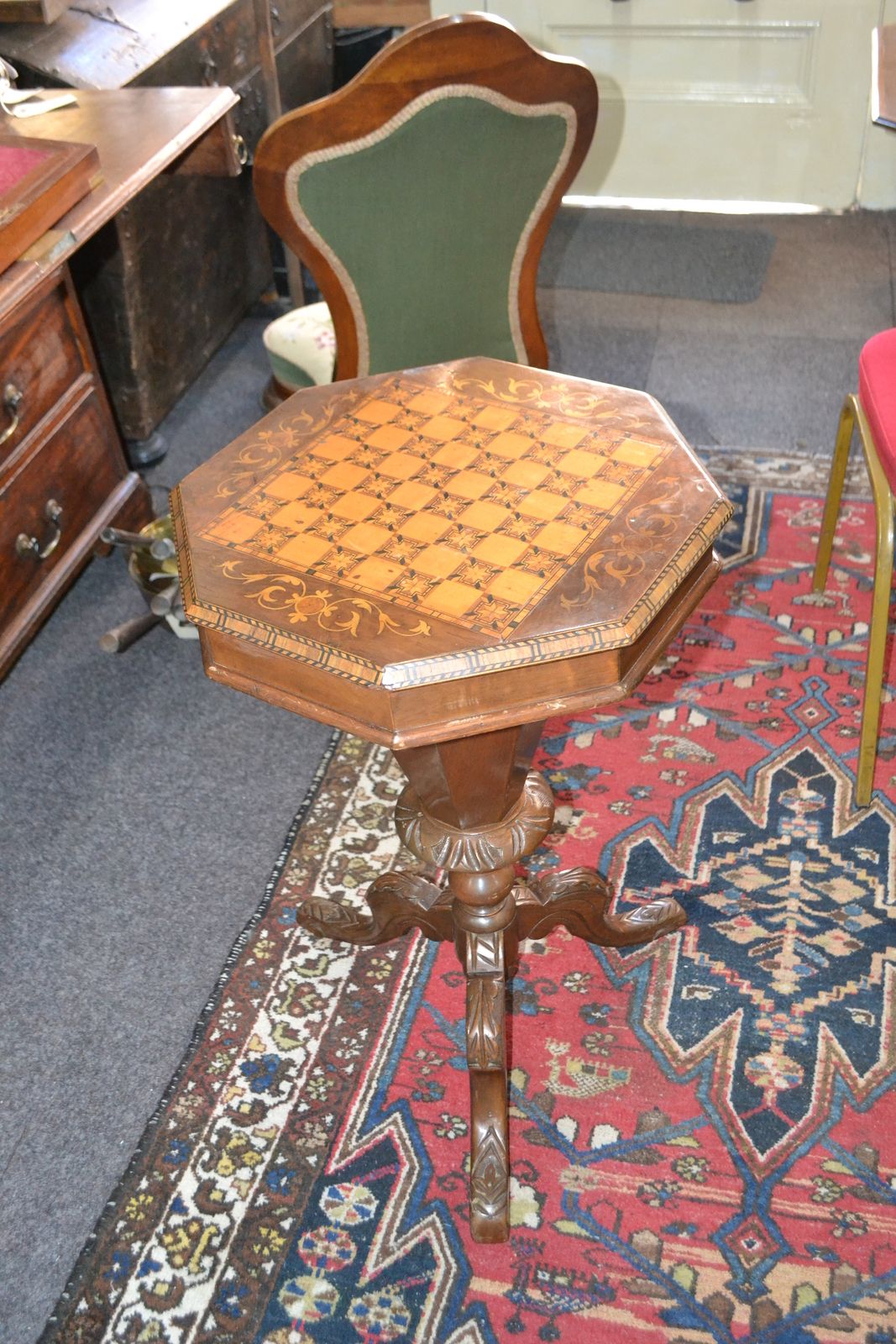 19th c. Marquetry Inlaid Octagonal Game/Sewing Table