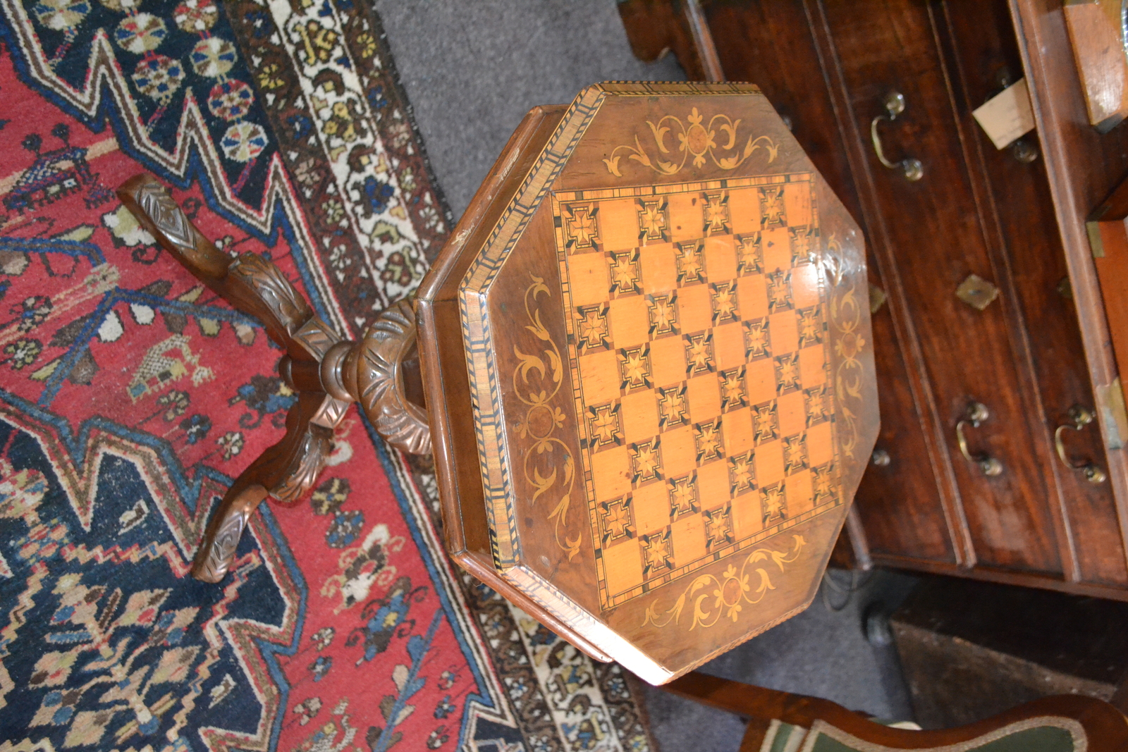 19th c. Marquetry Inlaid Octagonal Game/Sewing Table