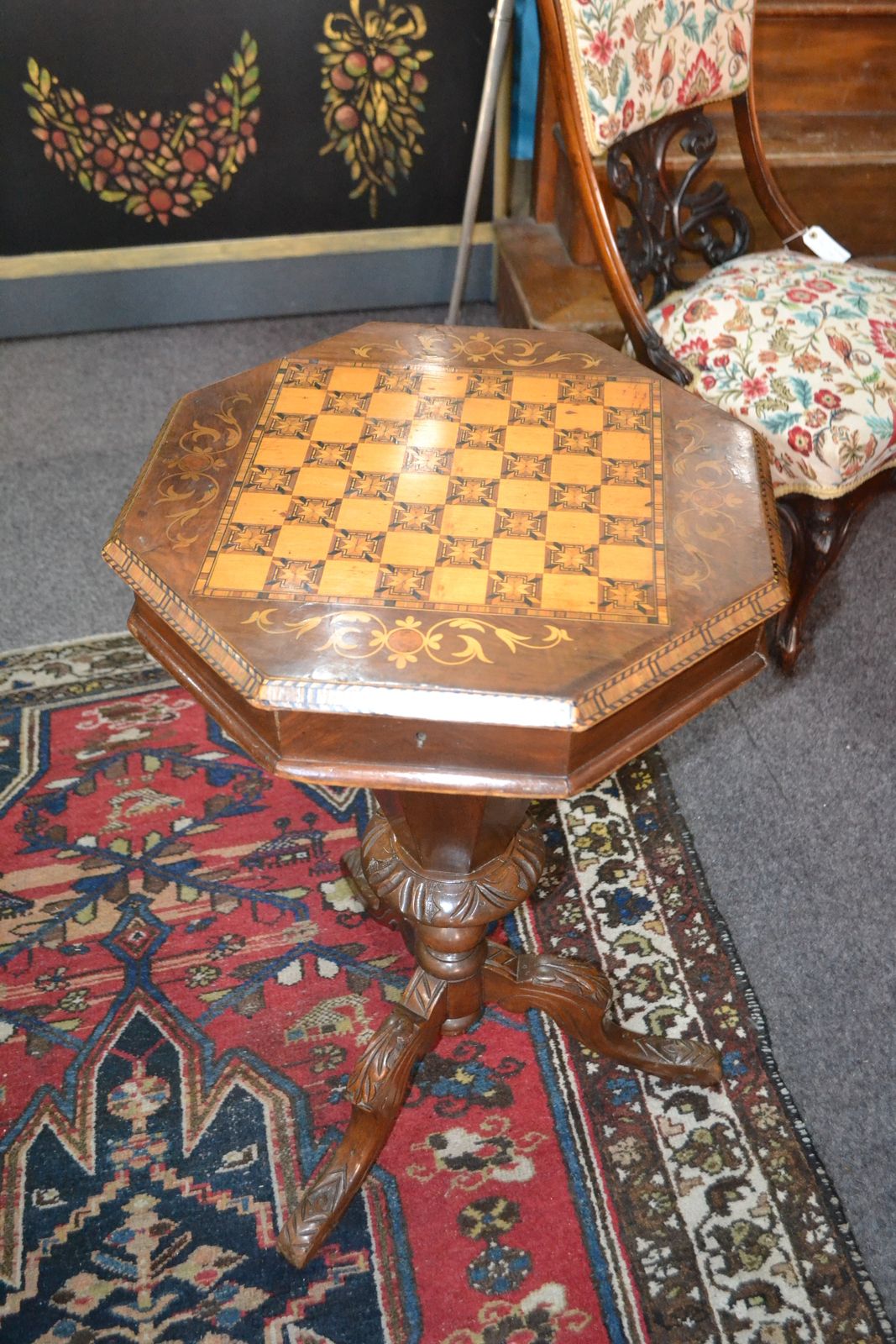 19th c. Marquetry Inlaid Octagonal Game/Sewing Table