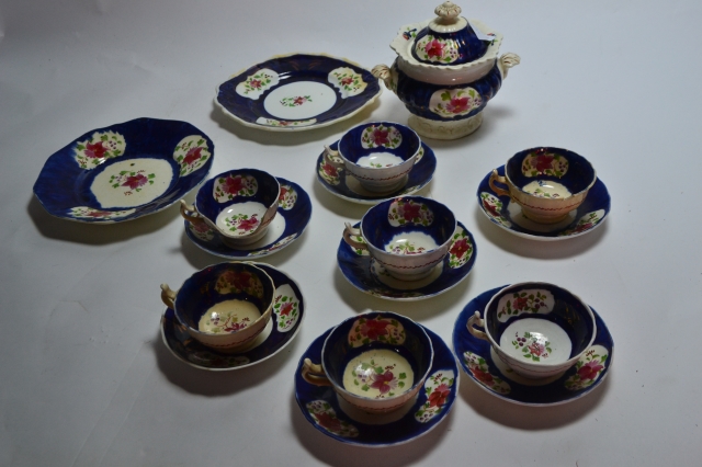 Welsh Gaudy Sugar Bowl with Cups and Saucers.