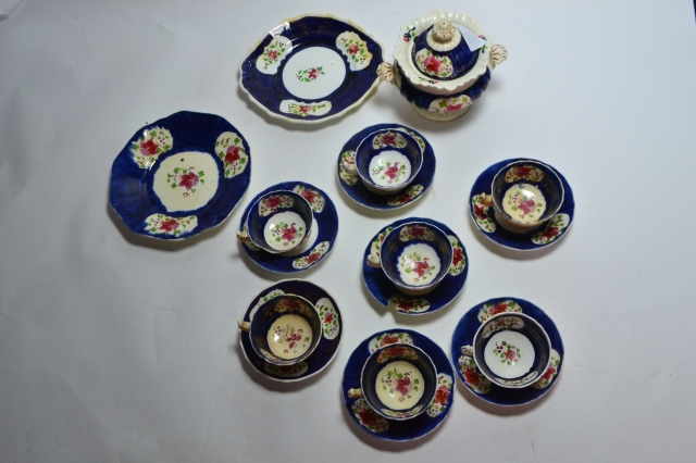 Welsh Gaudy Sugar Bowl with Cups and Saucers.