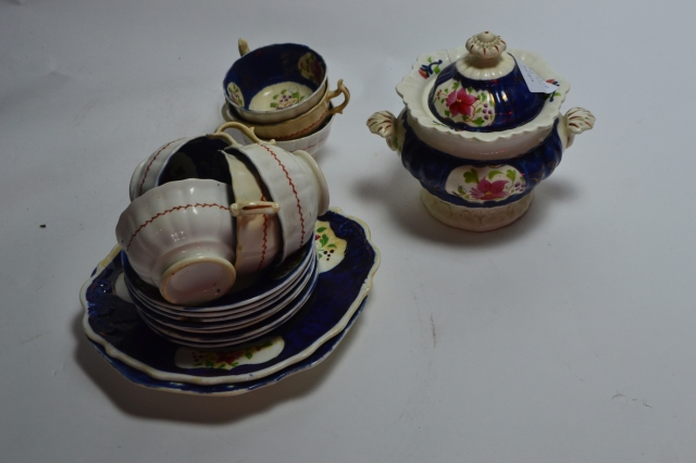 Welsh Gaudy Sugar Bowl with Cups and Saucers.