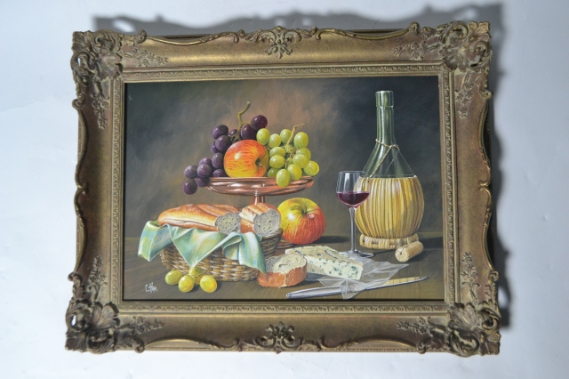 Still Life Oil On Board Of Fruit, Bread, Carafe And Knife