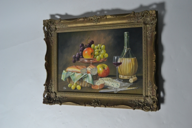 Still Life Oil On Board Of Fruit, Bread, Carafe And Knife