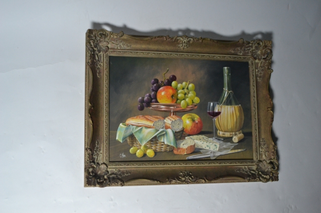 Still Life Oil On Board Of Fruit, Bread, Carafe And Knife